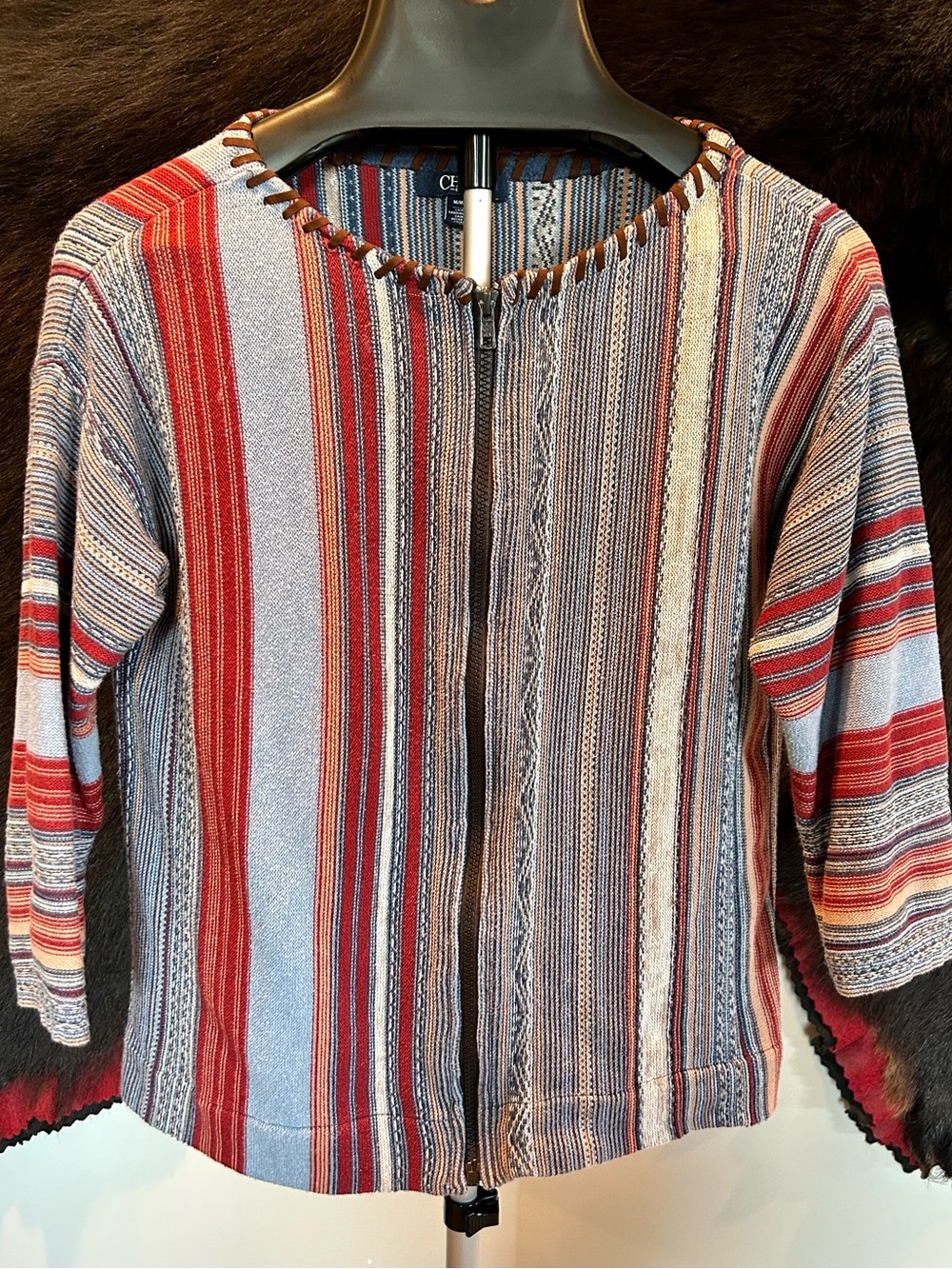 Chaps Striped Zip-Front Women’s Sweater in Red, Blue & Cream Sz M